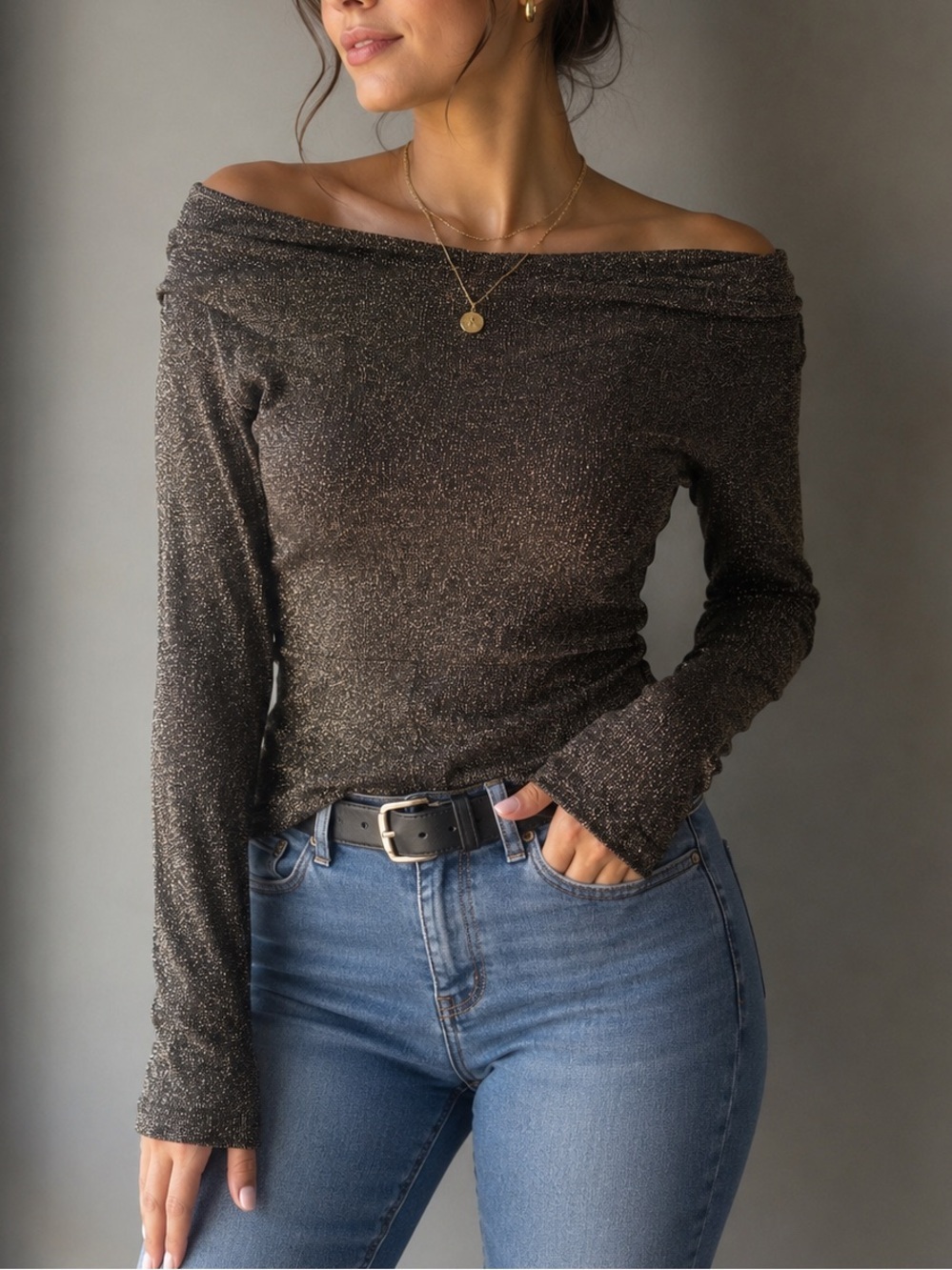 213 Brown Gold Metallic Off Shoulder Knit Top Women’s Small Y2K